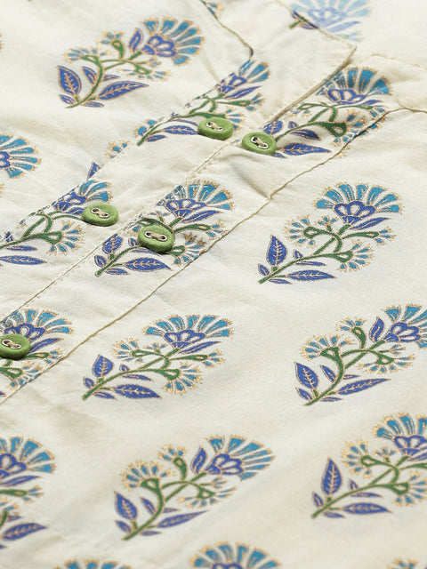Women Beige Calf Length Three-Quarter Sleeves A-Line Floral Printed Cotton Kurta