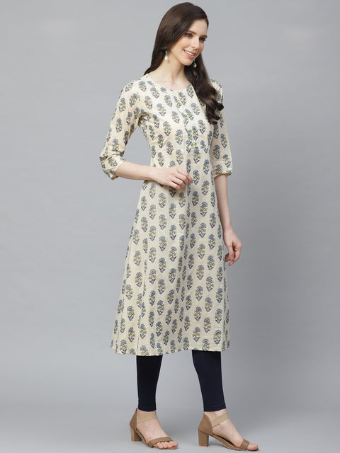 Women Beige Calf Length Three-Quarter Sleeves A-Line Floral Printed Cotton Kurta