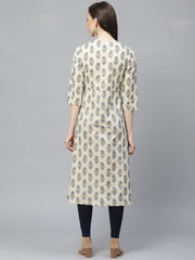 Women Beige Calf Length Three-Quarter Sleeves A-Line Floral Printed Cotton Kurta