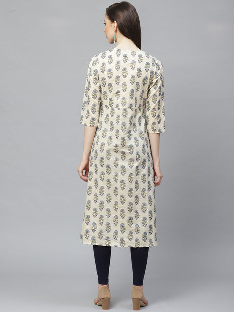 Women Beige Calf Length Three-Quarter Sleeves A-Line Floral Printed Cotton Kurta