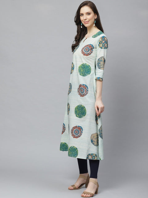Women Pastel Green Calf Length Three-Quarter Sleeves A-Line Quirky Printed Cotton Kurta