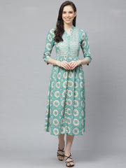 Women Green Conversational Printed Mandarin Collar Cotton A-Line Dress