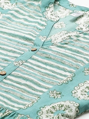 Women Green Conversational Printed Mandarin Collar Cotton A-Line Dress