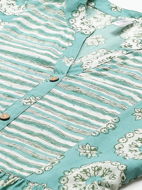 Women Green Conversational Printed Mandarin Collar Cotton A-Line Dress