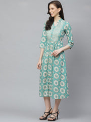 Women Green Conversational Printed Mandarin Collar Cotton A-Line Dress
