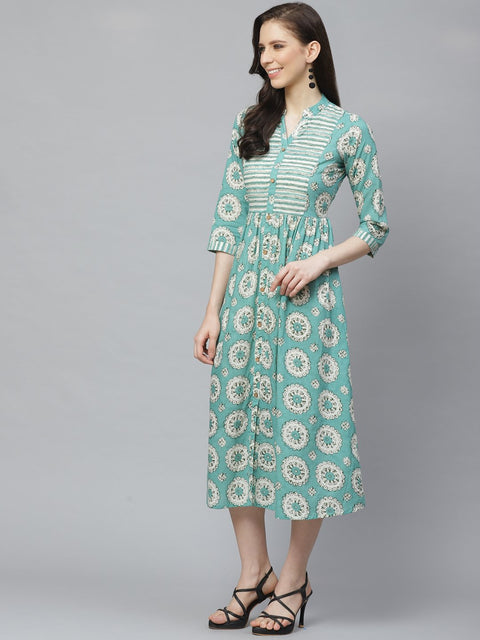 Women Green Conversational Printed Mandarin Collar Cotton A-Line Dress