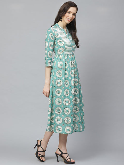 Women Green Conversational Printed Mandarin Collar Cotton A-Line Dress