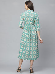 Women Green Conversational Printed Mandarin Collar Cotton A-Line Dress