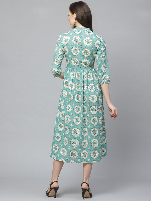 Women Green Conversational Printed Mandarin Collar Cotton A-Line Dress
