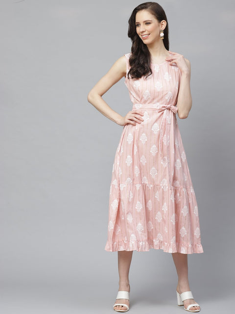Women Pink Ethnic Motifs Printed Round Neck Cotton A-Line Dress