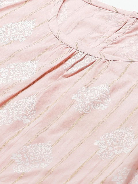 Women Pink Ethnic Motifs Printed Round Neck Cotton A-Line Dress