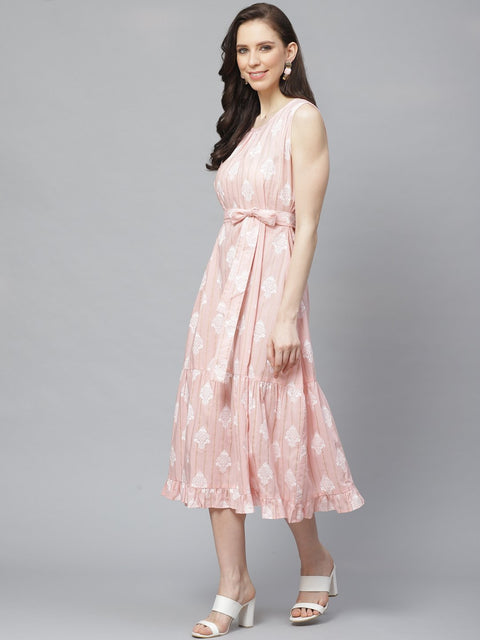 Women Pink Ethnic Motifs Printed Round Neck Cotton A-Line Dress