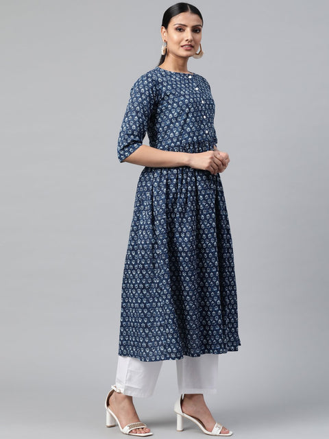 Women Indigo Blue Three-Quarter Sleeves Flared Kurta With Palazzo