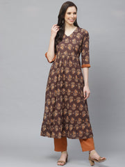 Women Brown Three-Quarter Sleeves Flared Kurta with Trouser