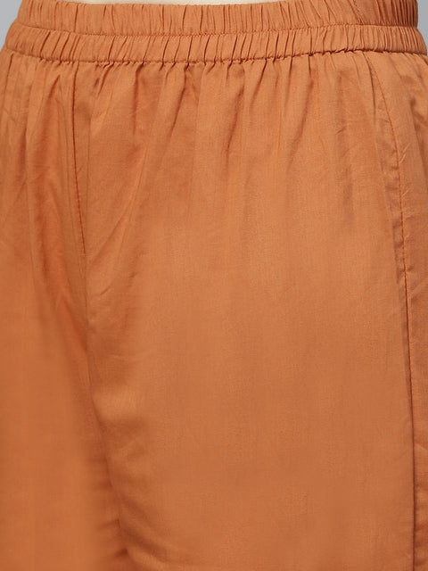 Women Brown Three-Quarter Sleeves Flared Kurta with Trouser