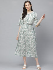 Women White Floral Printed Round Neck Cotton A-Line Dress