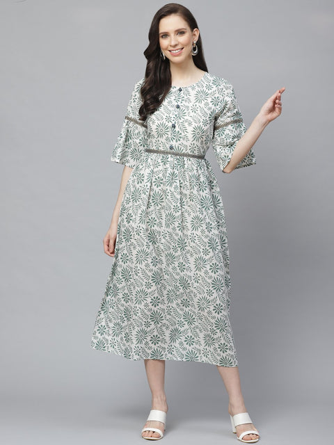 Women White Floral Printed Round Neck Cotton A-Line Dress