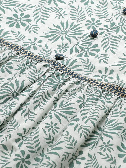 Women White Floral Printed Round Neck Cotton A-Line Dress