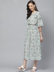 Women White Floral Printed Round Neck Cotton A-Line Dress