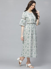Women White Floral Printed Round Neck Cotton A-Line Dress