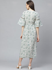 Women White Floral Printed Round Neck Cotton A-Line Dress