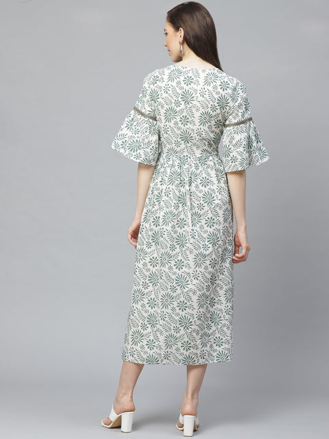Women White Floral Printed Round Neck Cotton A-Line Dress