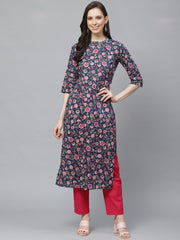 Women Navy Blue Three-Quarter Sleeves Flared Kurta with Trouser