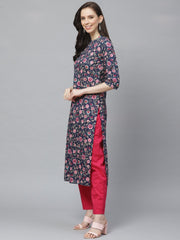 Women Navy Blue Three-Quarter Sleeves Flared Kurta with Trouser