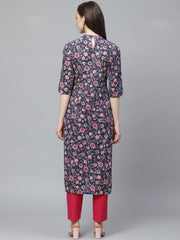 Women Navy Blue Three-Quarter Sleeves Flared Kurta with Trouser