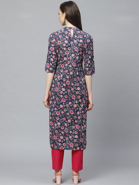 Women Navy Blue Three-Quarter Sleeves Flared Kurta with Trouser