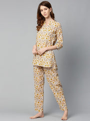 Women Cream And multi floral prnt Top and pant set