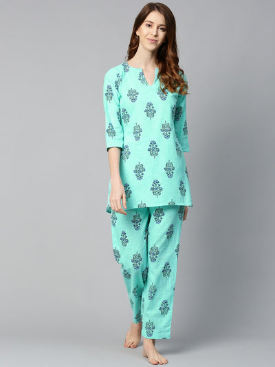 Women Turq Green And multi floral prnt Top and pant set