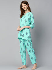 Women Turq Green And multi floral prnt Top and pant set