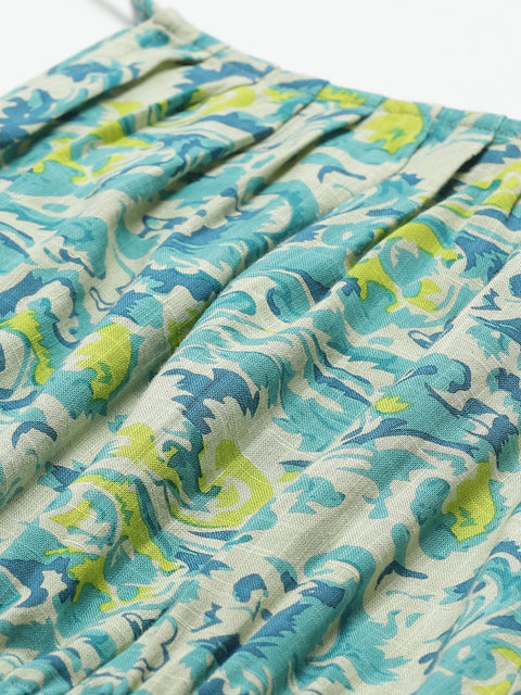 Women White and blue Floral Printed Halter Neck Cotton A-Line Dress