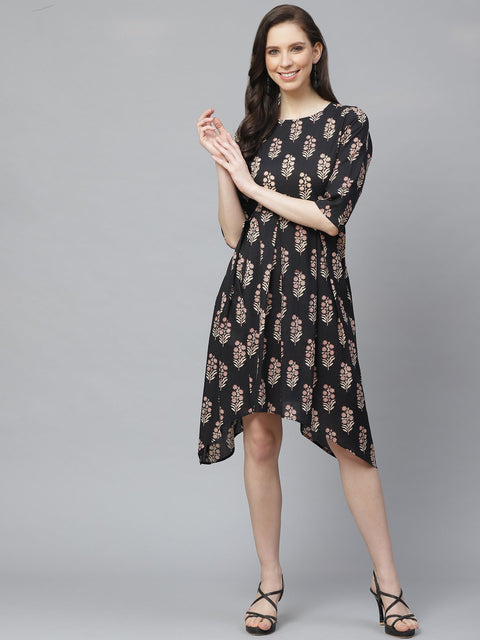 Women Black Floral Printed Round Neck Cotton Fit and Flare Dress