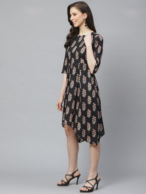 Women Black Floral Printed Round Neck Cotton Fit and Flare Dress