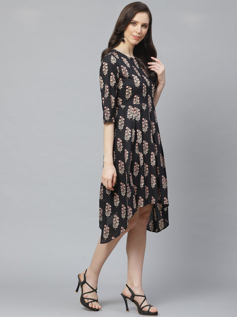Women Black Floral Printed Round Neck Cotton Fit and Flare Dress