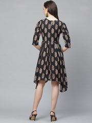 Women Black Floral Printed Round Neck Cotton Fit and Flare Dress