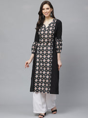 Women Black Calf Length Long Sleeves A-Line Geometric Printed Cotton Kurta