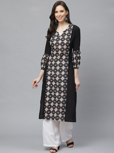 Women Black Calf Length Long Sleeves A-Line Geometric Printed Cotton Kurta