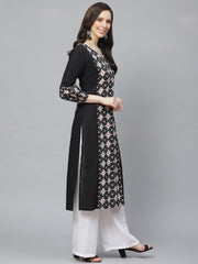 Women Black Calf Length Long Sleeves A-Line Geometric Printed Cotton Kurta