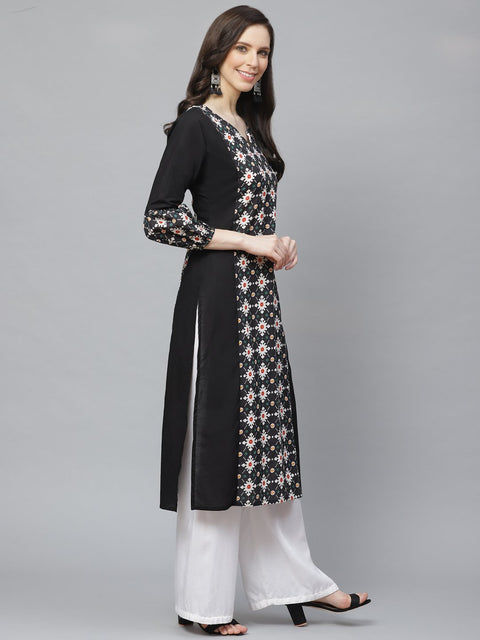 Women Black Calf Length Long Sleeves A-Line Geometric Printed Cotton Kurta