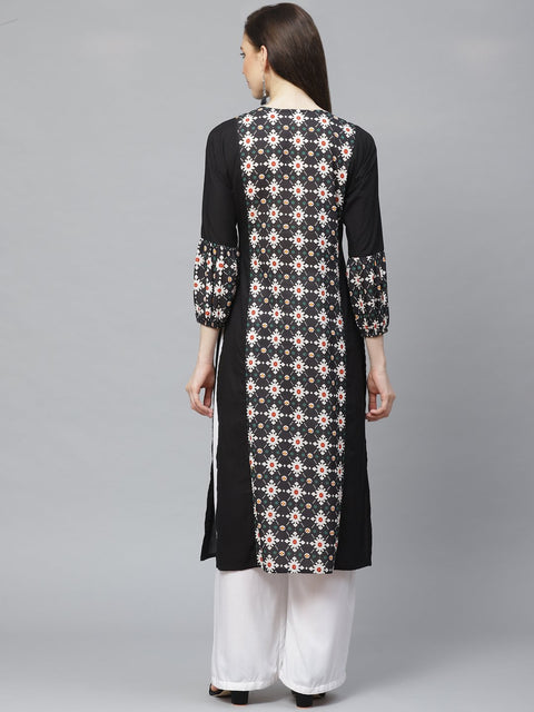 Women Black Calf Length Long Sleeves A-Line Geometric Printed Cotton Kurta