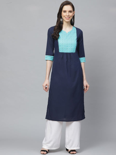 Women Navy Blue Calf Length Three-Quarter Sleeves Straight Solid Yoke Design Cotton Kurta