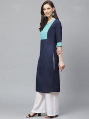 Women Navy Blue Calf Length Three-Quarter Sleeves Straight Solid Yoke Design Cotton Kurta