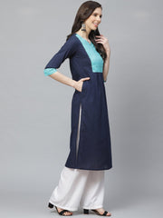 Women Navy Blue Calf Length Three-Quarter Sleeves Straight Solid Yoke Design Cotton Kurta