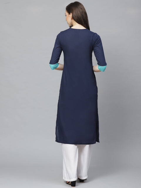 Women Navy Blue Calf Length Three-Quarter Sleeves Straight Solid Yoke Design Cotton Kurta