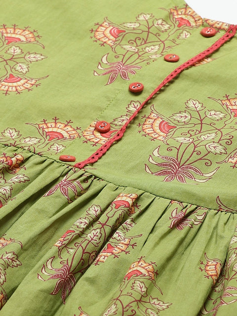 Women Green Floral Printed Round Neck Cotton A-Line Dress