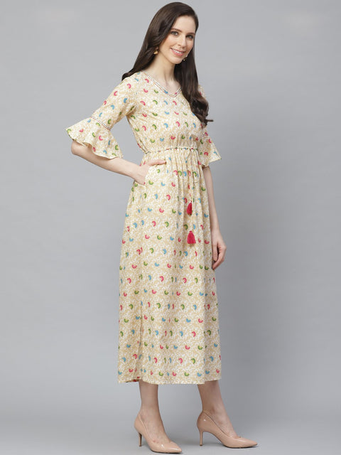 Women White Floral Printed V-Neck Cotton Fit and Flare Dress