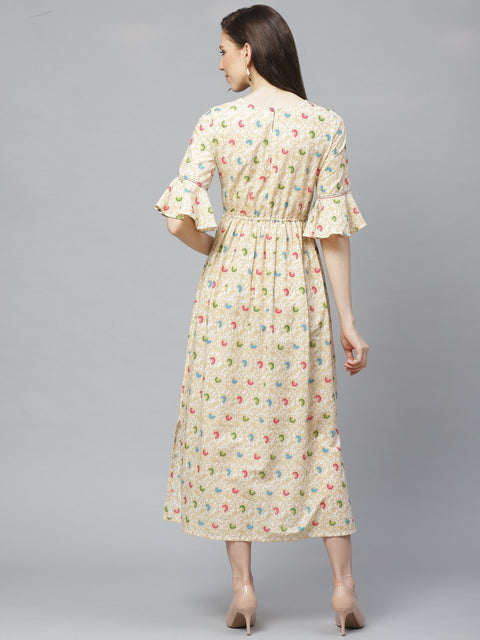 Women White Floral Printed V-Neck Cotton Fit and Flare Dress